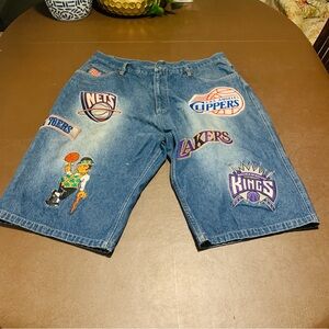 Vintage NBA Unk Denim Shorts Basketball Embroidered Patches Lakers Celtics Sz 40